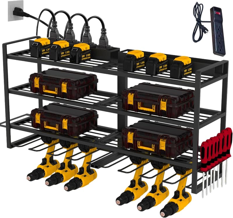 Cordless Drill Holder with Power Strip & Tool Storage Rack