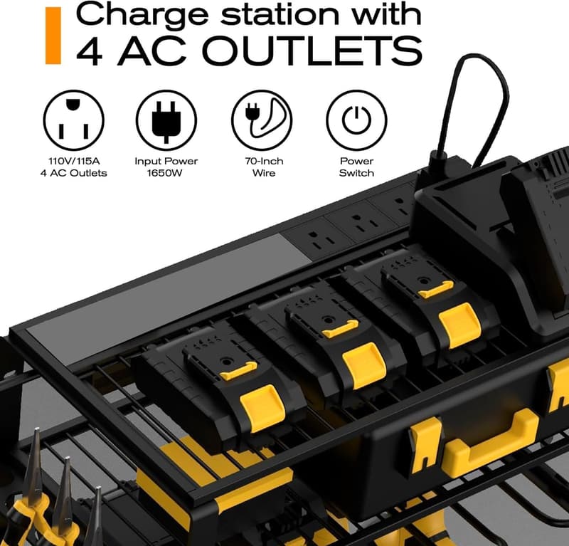 Cordless Drill Holder with Power Strip & Tool Storage Rack