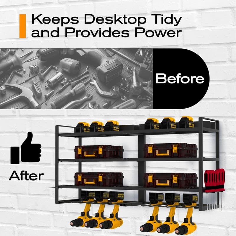 Cordless Drill Holder with Power Strip & Tool Storage Rack
