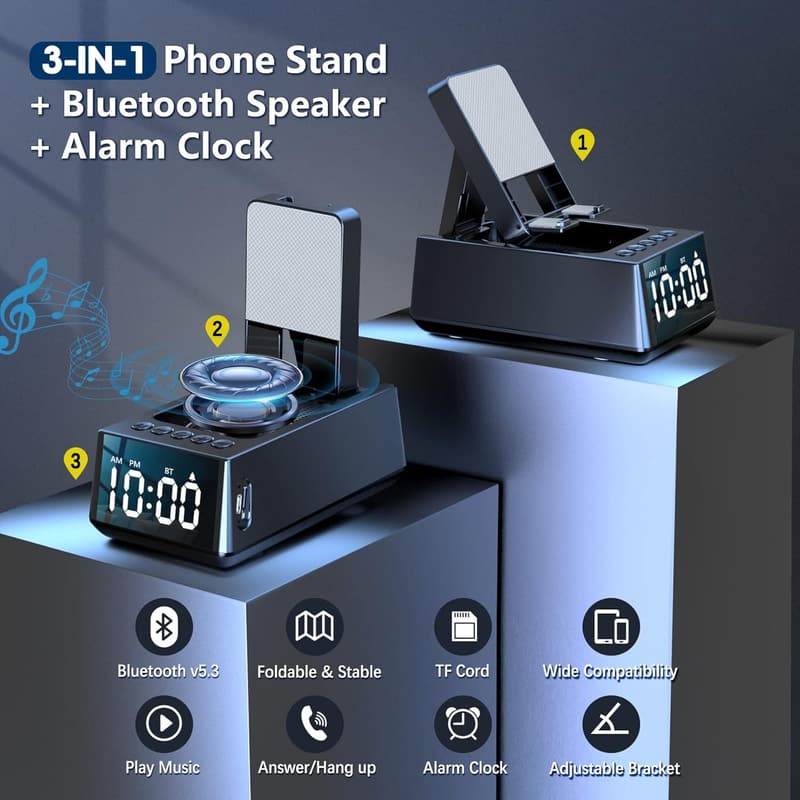 3-in-1 Adjustable Cell Phone Stand with Speaker & Clock