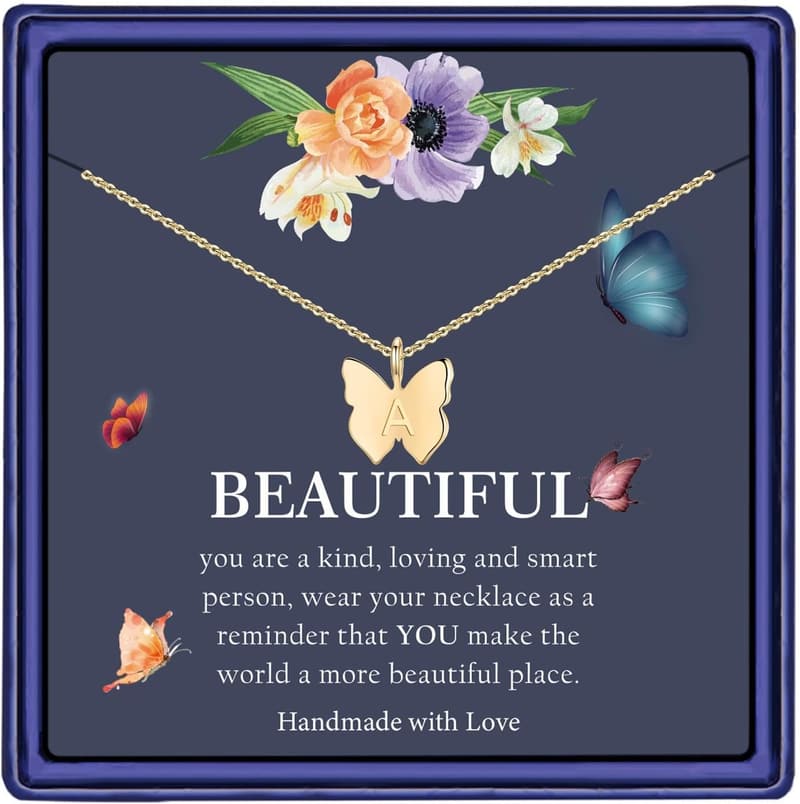 Birthday Gift Initial Butterfly Necklace for Girls - 14K Gold/Silver/Rose Gold Filled