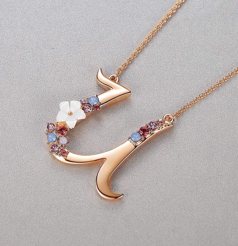 Personalized Flower Initial Necklace with Simulated Pearls - Rose Gold