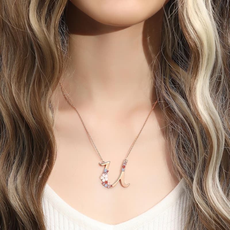 Personalized Flower Initial Necklace with Simulated Pearls - Rose Gold
