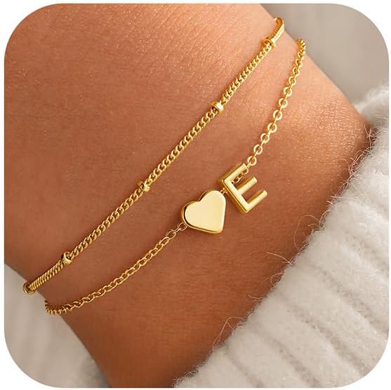 Gold Initial Heart Bracelets for Women - Layered Charm Jewelry