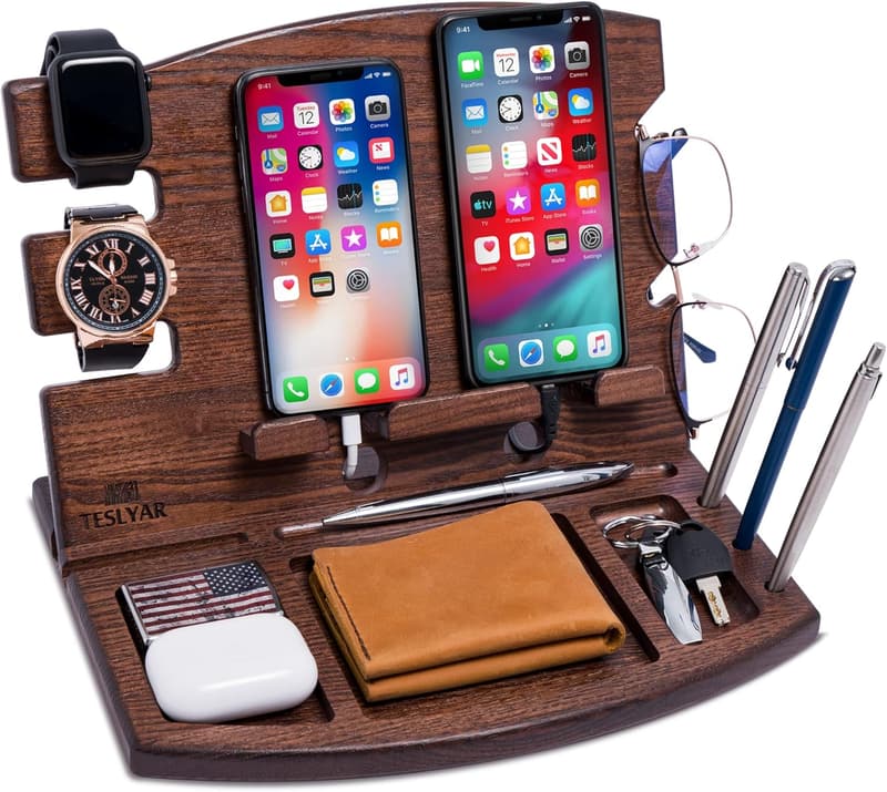 Natural Ash Wood Phone Docking Station for Men - Organizer Gift
