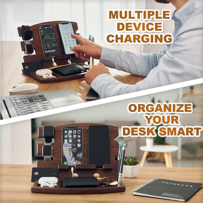 Natural Ash Wood Phone Docking Station for Men - Organizer Gift