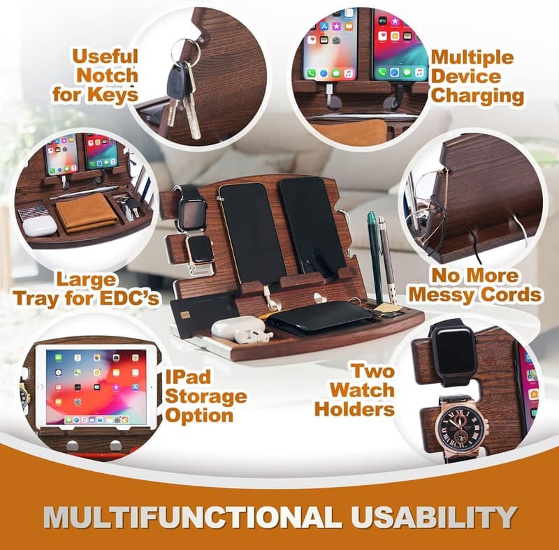 Natural Ash Wood Phone Docking Station for Men - Organizer Gift