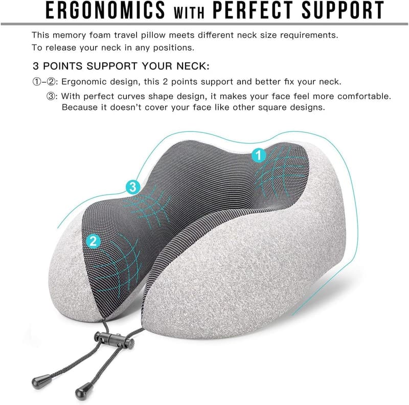 Travel Pillow Set with 100% Memory Foam and Accessories (Grey)