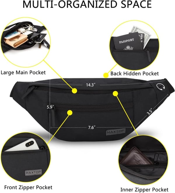 Large Crossbody Fanny Pack for Sports & Travel - 4 Zipper Pockets
