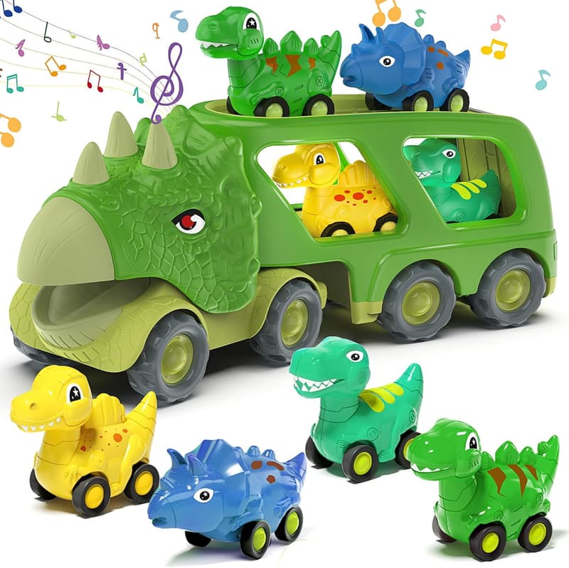 Dinosaur Car Carrier Truck with 4 Pull Back Cars for Kids 2-5