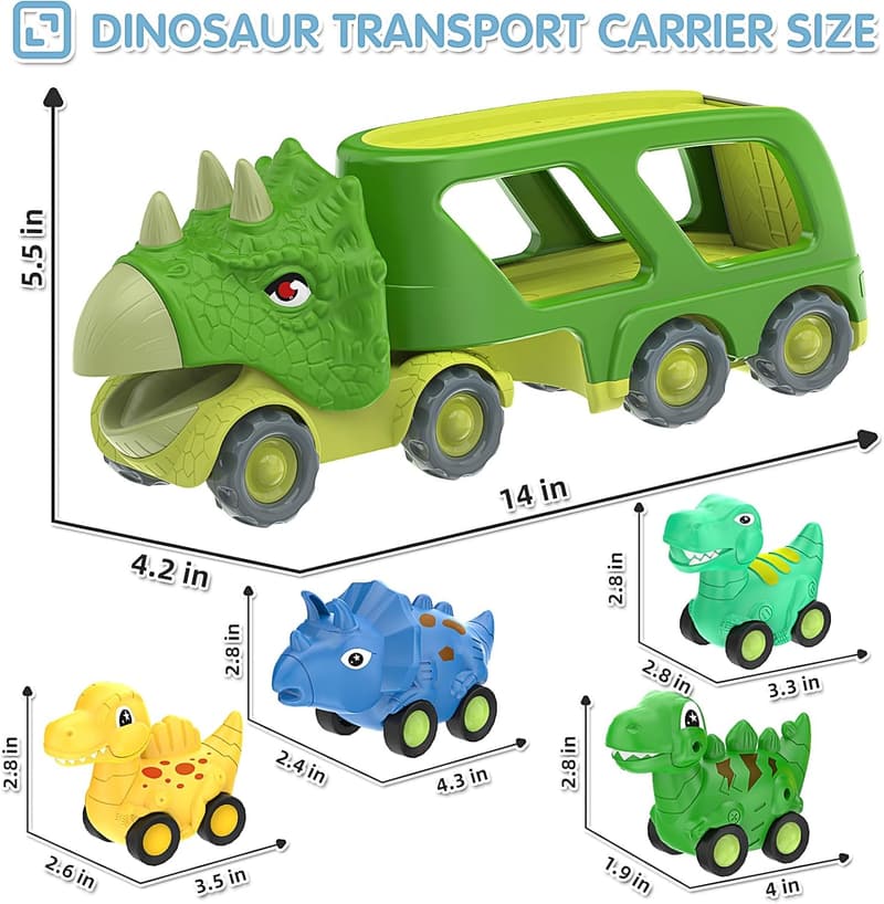 Dinosaur Car Carrier Truck with 4 Pull Back Cars for Kids 2-5
