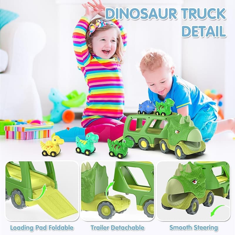 Dinosaur Car Carrier Truck with 4 Pull Back Cars for Kids 2-5