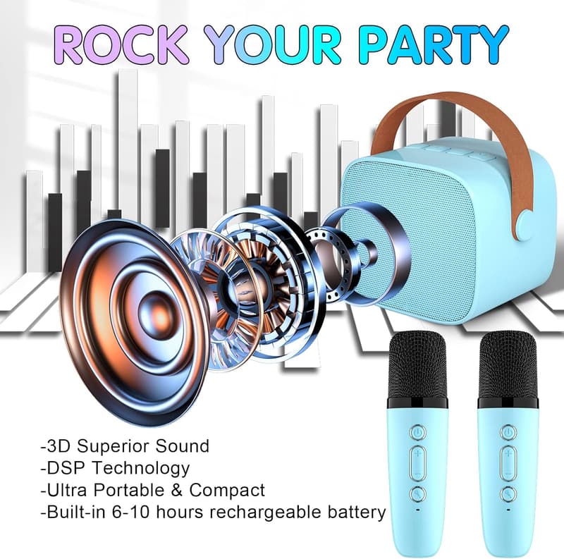 Portable Bluetooth Karaoke Machine with 2 Microphones for Kids