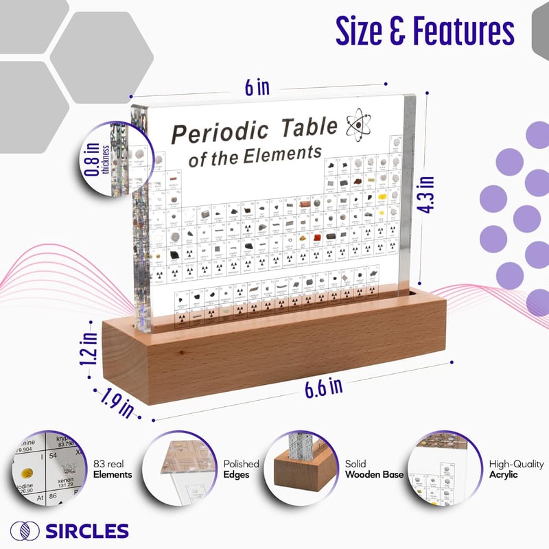 Periodic Table Educational Model with Real Elements and Stand