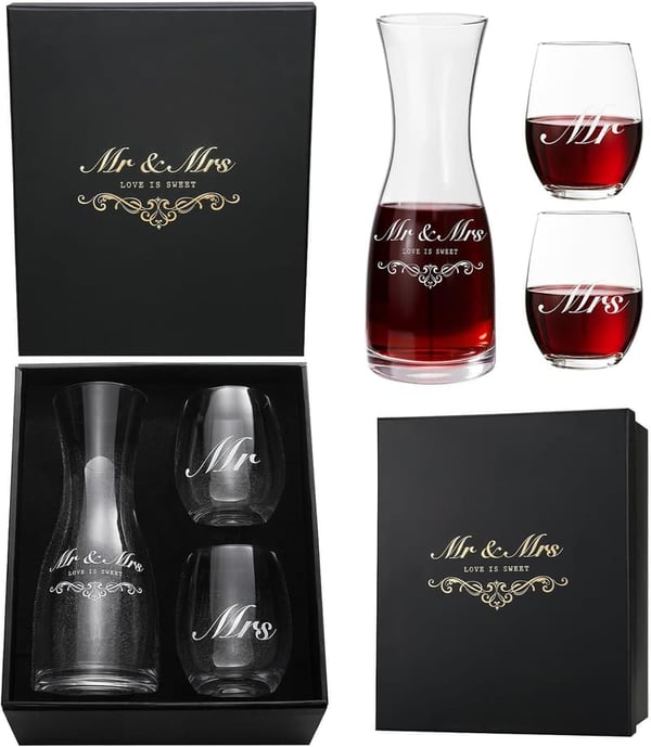 Couples' Wedding Gift Set: Mr & Mrs Wine Glasses with Decanter
