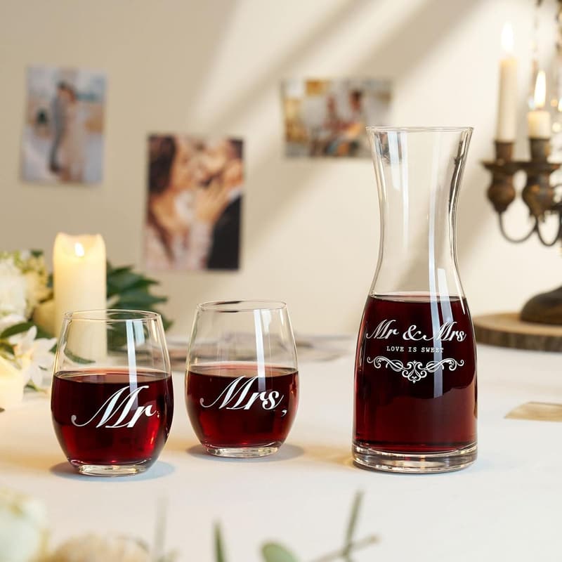 Couples' Wedding Gift Set: Mr & Mrs Wine Glasses with Decanter
