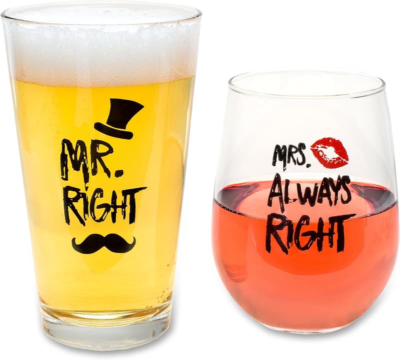 Mr. Right & Mrs. Always Right Wine & Beer Glass Set for Couples