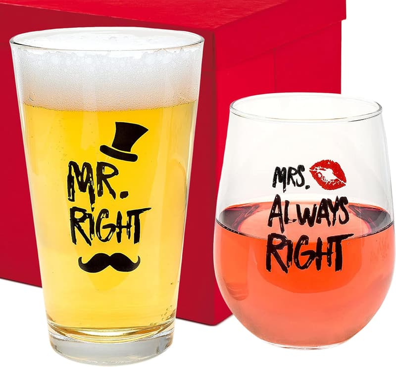 Mr. Right & Mrs. Always Right Wine & Beer Glass Set for Couples
