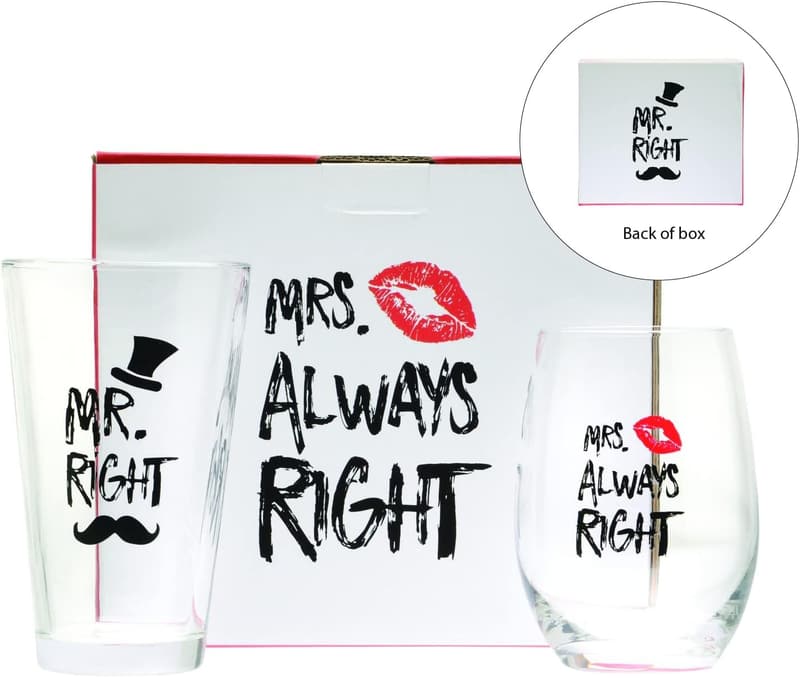 Mr. Right & Mrs. Always Right Wine & Beer Glass Set for Couples