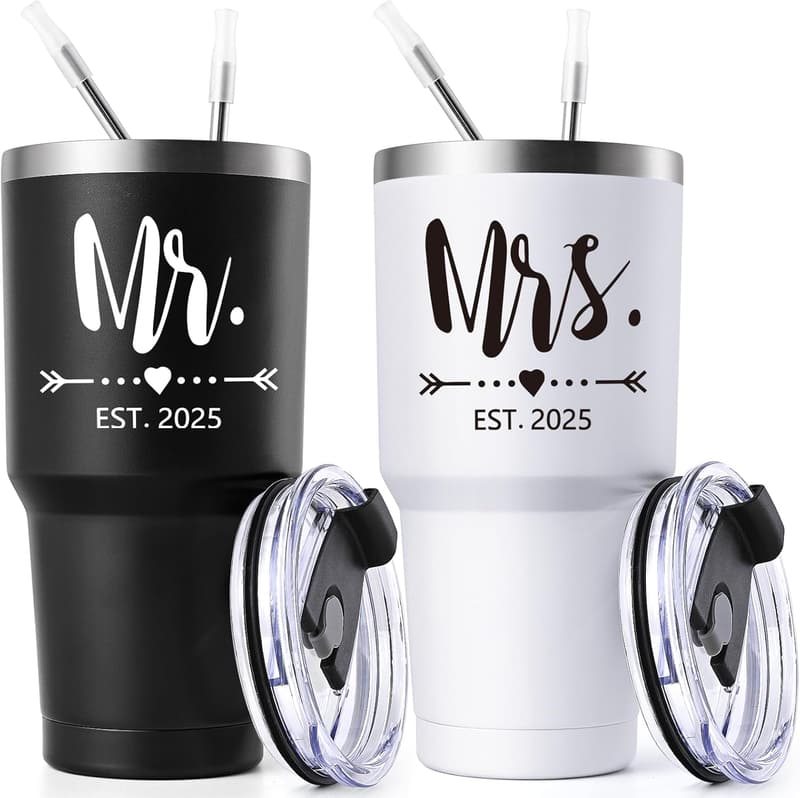Wedding Gift Set: Mr and Mrs EST 2025 Stainless Steel Tumblers