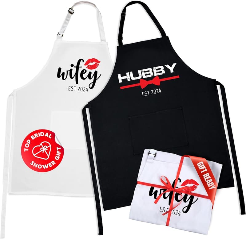 Matching Couples Aprons - Cute Newlywed Gift for Hubby & Wifey