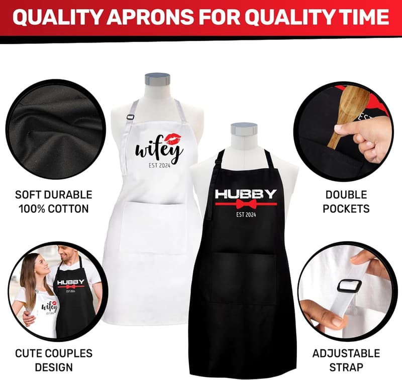 Matching Couples Aprons - Cute Newlywed Gift for Hubby & Wifey