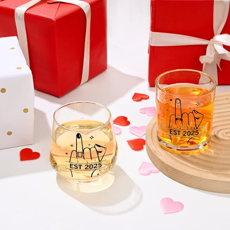 Wedding Gifts: Est 2025 Wine & Whisky Glasses for Couples