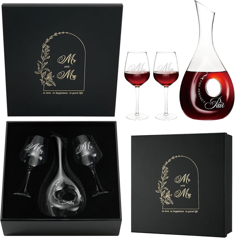 Wedding Gift Set for Couples: Mr & Mrs Wine Glasses & Decanter