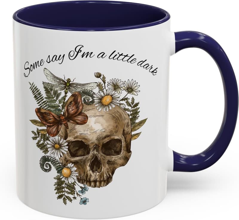Gothic Coffee Mug with Dark Humor Skull and Moth Design