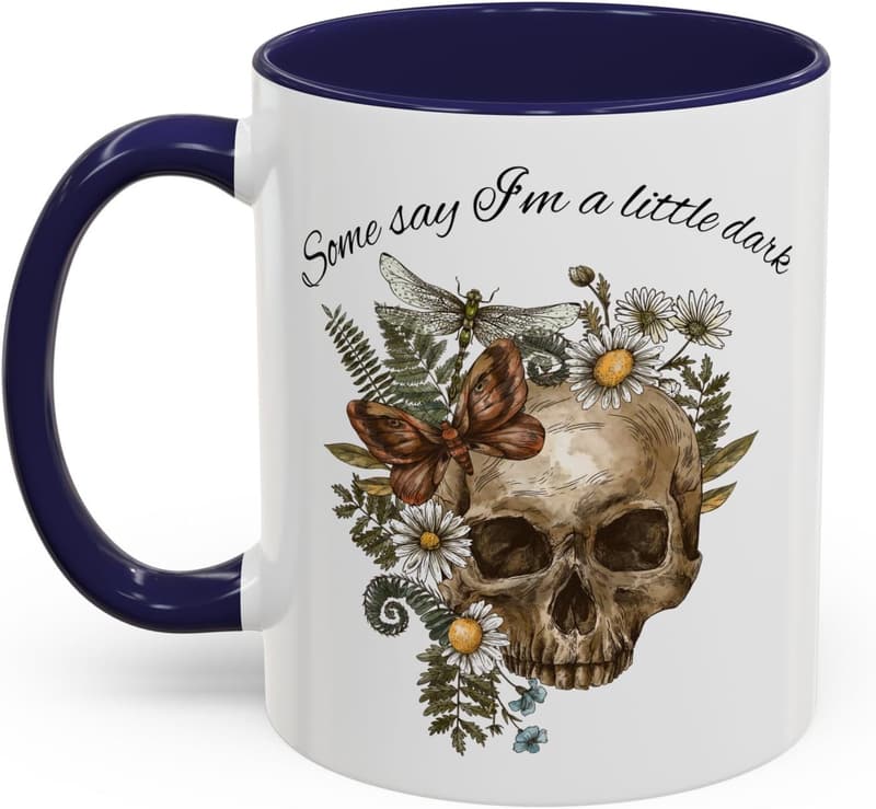 Gothic Coffee Mug with Dark Humor Skull and Moth Design