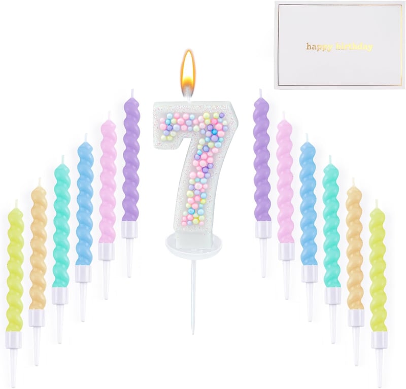 Number 7 Birthday Candle Set with 12 Spiral Candles & Card