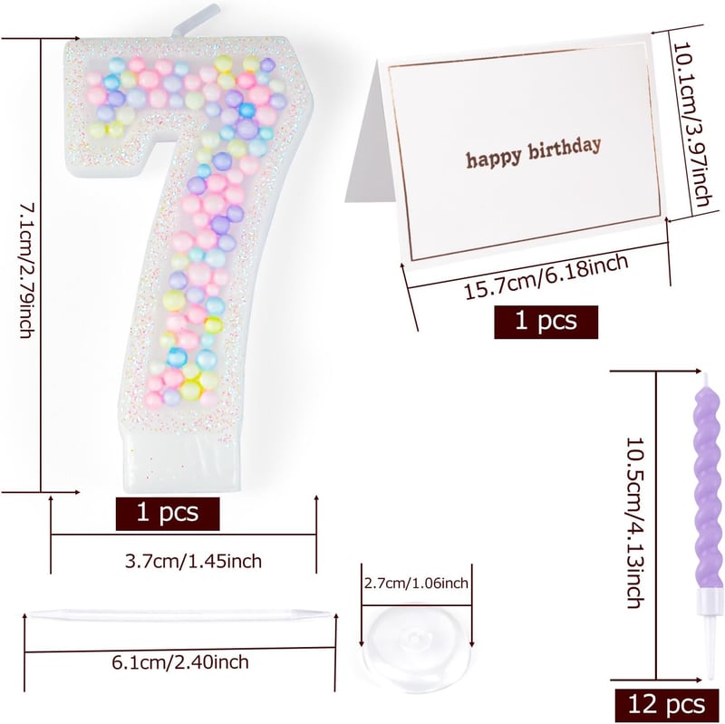 Number 7 Birthday Candle Set with 12 Spiral Candles & Card