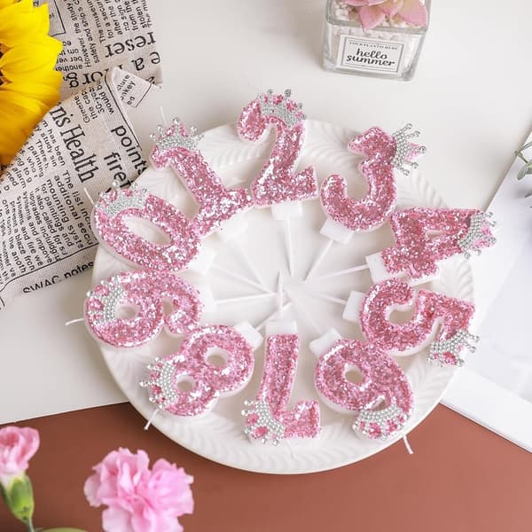 Pink Crown Birthday Candle - Glitter Number 5 Cake Topper