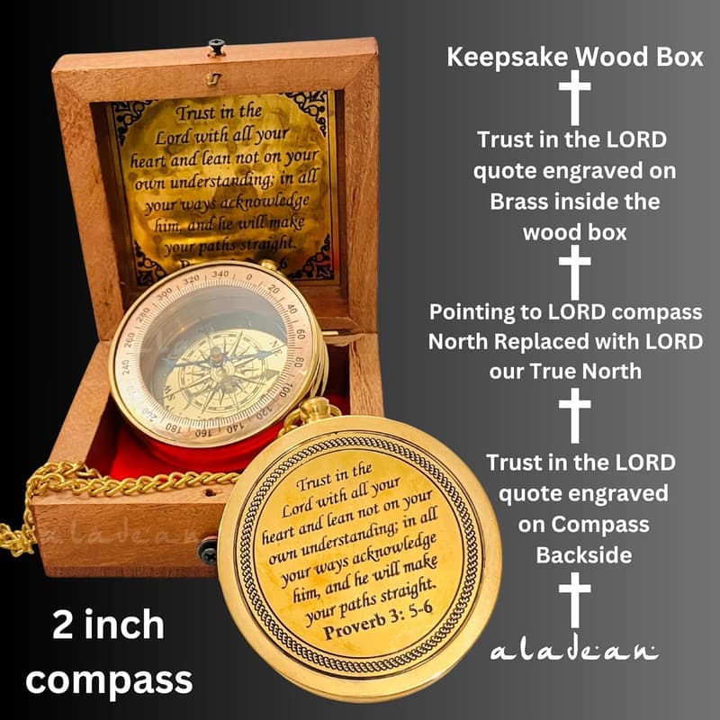 Proverbs 3:5-6 Engraved Compass in Wood Box - Inspirational Gift for Men