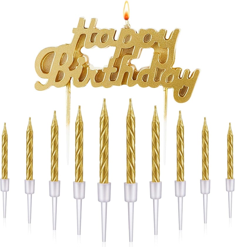 Happy Birthday Cake Topper with Gold Candles - 10 Pcs