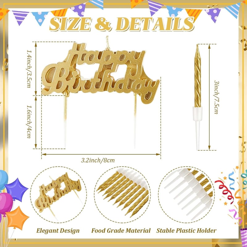 Happy Birthday Cake Topper with Gold Candles - 10 Pcs