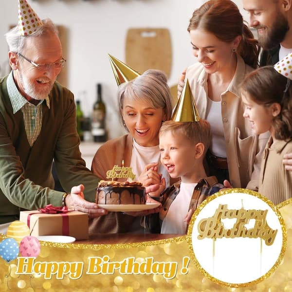 Happy Birthday Cake Topper with Gold Candles - 10 Pcs