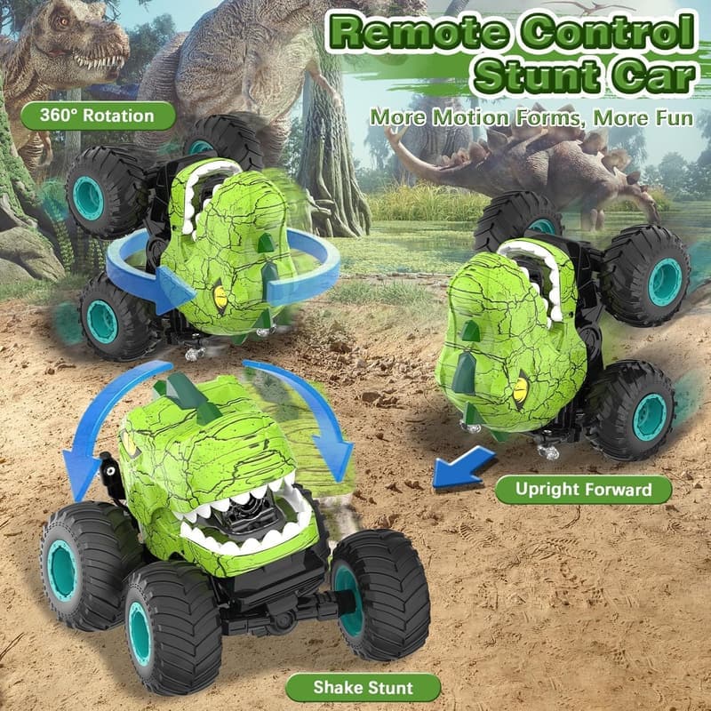 Remote Control Dinosaur Car - Stunt Truck with Lights & Sound