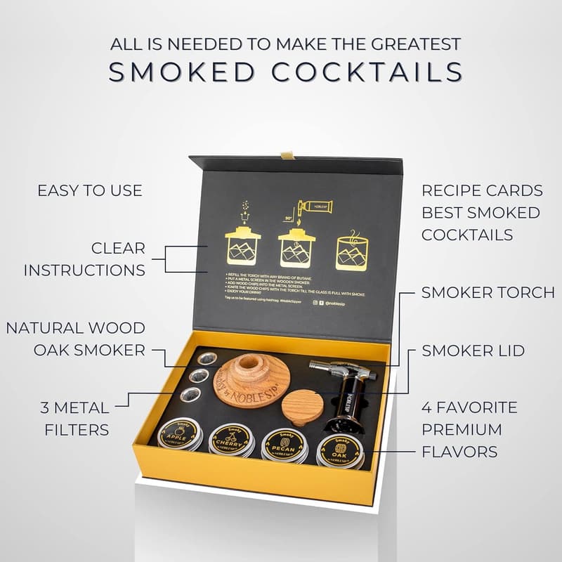 Premium Whiskey Smoker Kit with Torch & Wood Chips - Make Smoked Cocktails at Home