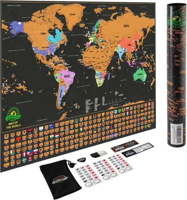 Deluxe Scratch Off World Map Poster with Accessories for Travelers