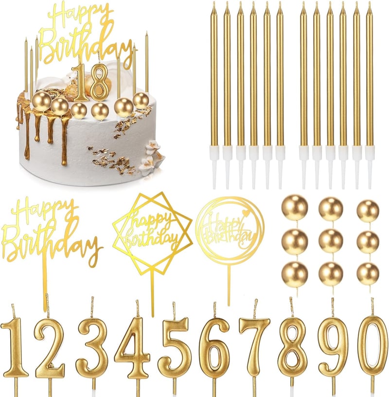 Happy Birthday Cake Decorations - 34 Pcs Gold Cake Toppers & Candles