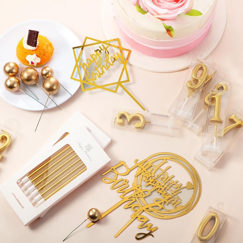 Happy Birthday Cake Decorations - 34 Pcs Gold Cake Toppers & Candles