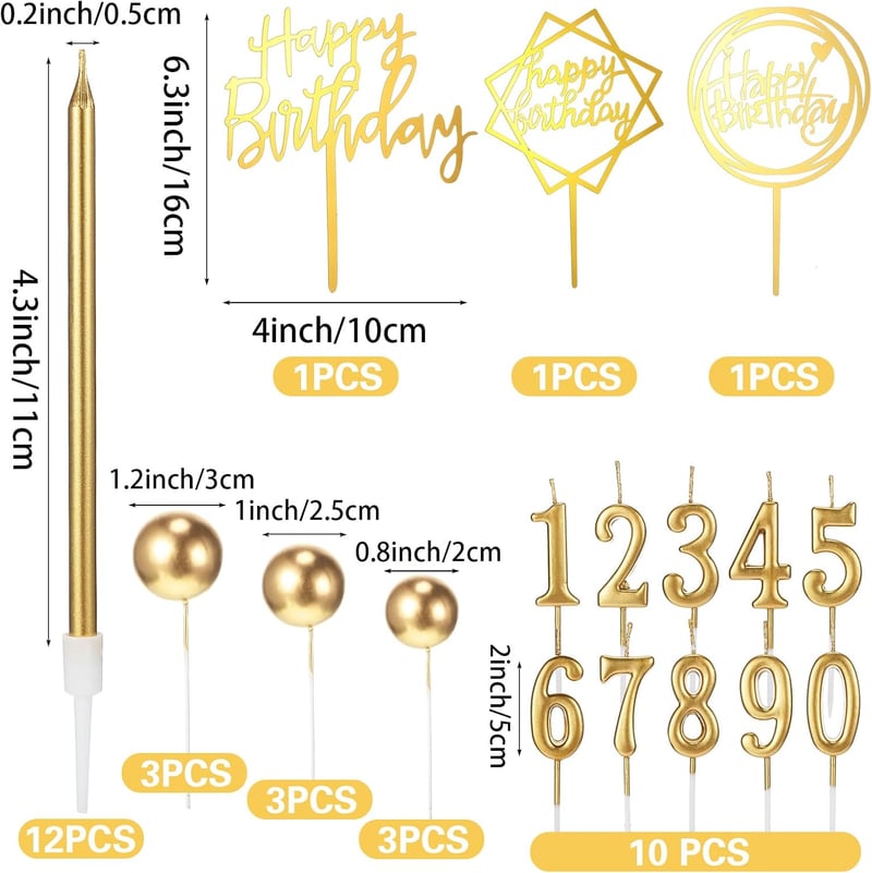 Happy Birthday Cake Decorations - 34 Pcs Gold Cake Toppers & Candles