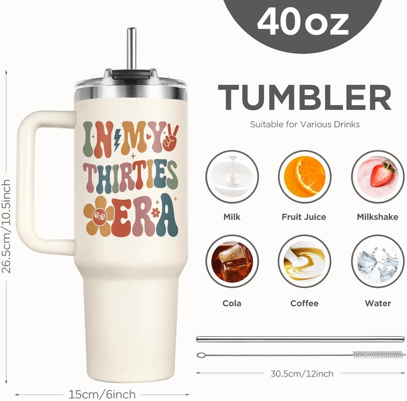 30th Birthday Tumbler for Women - 40 Oz with Handle & Straw
