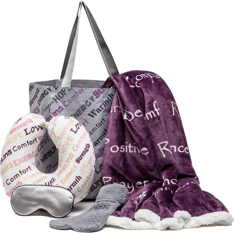 Comforting Gift Set for Cancer Patients - Blanket, Pillow, Mask, Tote, Socks