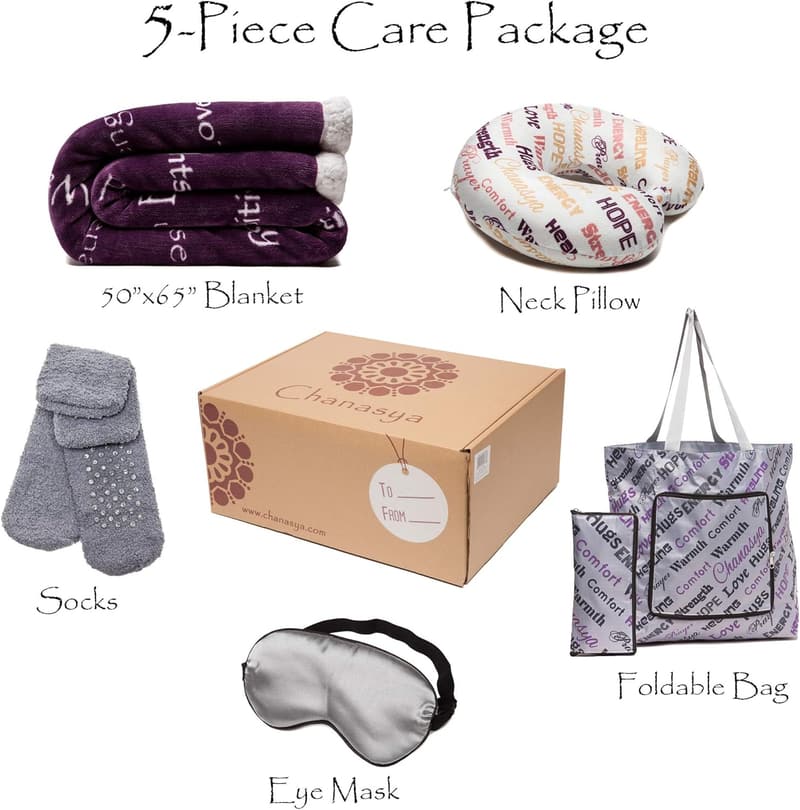 Comforting Gift Set for Cancer Patients - Blanket, Pillow, Mask, Tote, Socks