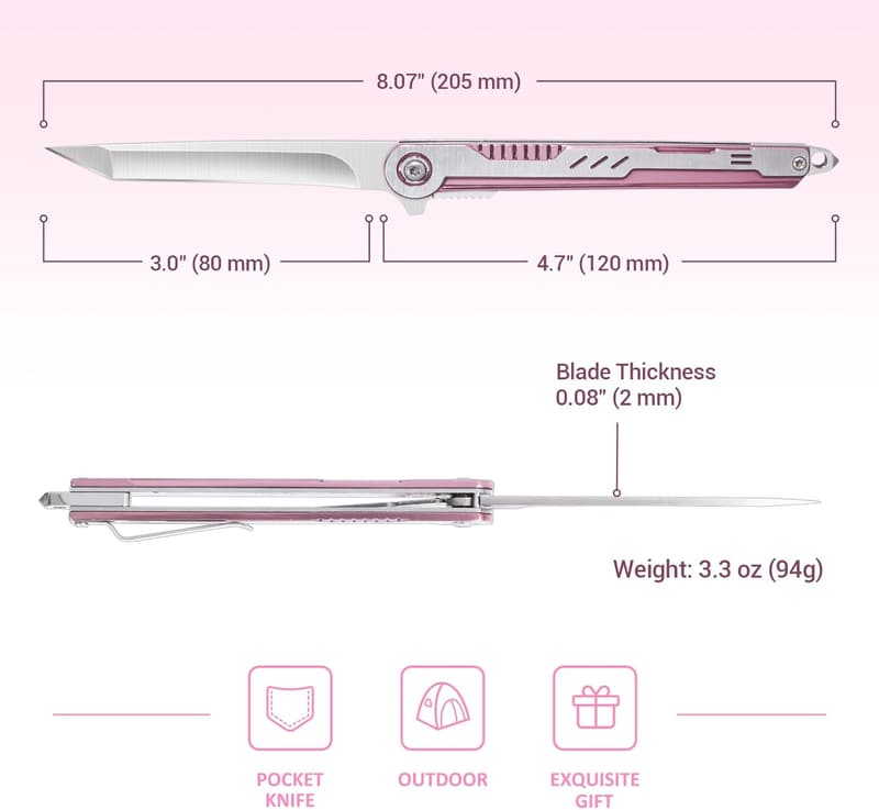 Slim Pink Pocket Knife for Women - EDC Tanto Blade with Glass Breaker