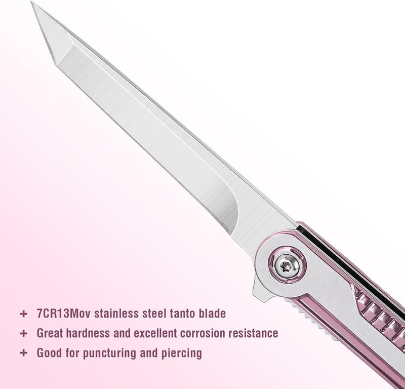 Slim Pink Pocket Knife for Women - EDC Tanto Blade with Glass Breaker