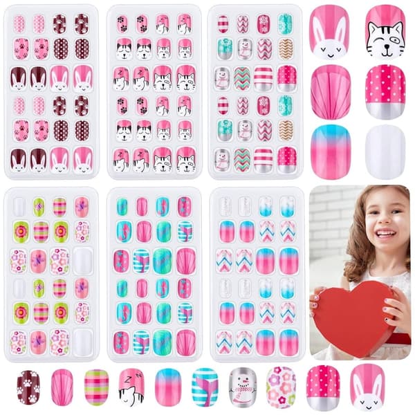 Colorful Press-On Nails for Kids - 144 Pcs Short Fake Nails