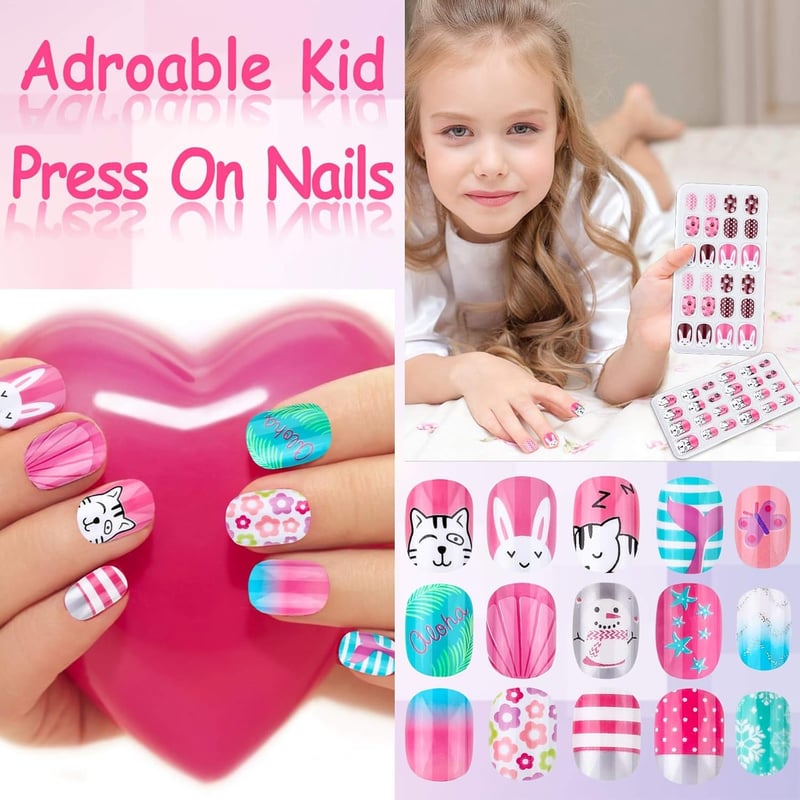 Colorful Press-On Nails for Kids - 144 Pcs Short Fake Nails